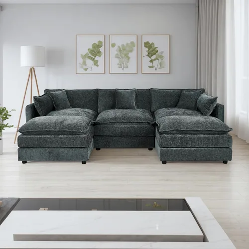 Vista 37 de Setawix Sofá Profundo de 3 Plazas con Otomana, Sofás de Nube en Forma de L de 112.2" para Sala de Estar, Sofá de Nube de Chenilla con Asiento Café