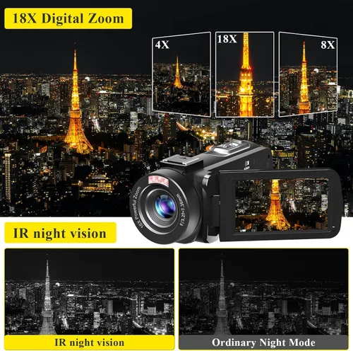 Vista 4 de Cámara de video, videocámara Full HD 1080P 30MP, cámara de vlogging para YouTube con visión nocturna infrarroja, zoom digital de 18X, pantalla LCD