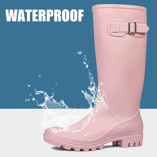 Vista 2 de DKSUKO - Botas de lluvia altas para mujer, botas de jardín impermeables de goma Wellington
