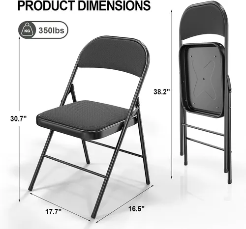 Vista 3 de VINGLI Paquete de 4 sillas plegables con asientos acolchados, marco de metal con asiento y respaldo de tela, capacidad de 350 libras, color negro