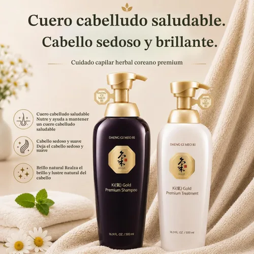 Vista 4 de Daeng Gi Meo Ri- Ki Gold Premium Champú + juego de tratamiento, promueve el crecimiento del cabello, humectación eficaz para cabello seco y áspero