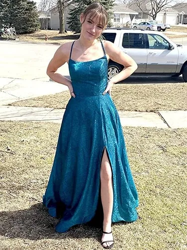 Vista 6 de Vestidos largos para baile de graduación, acampanados, con bolsillos, formales, para fiestas de noche, con abertura lateral y purpurina