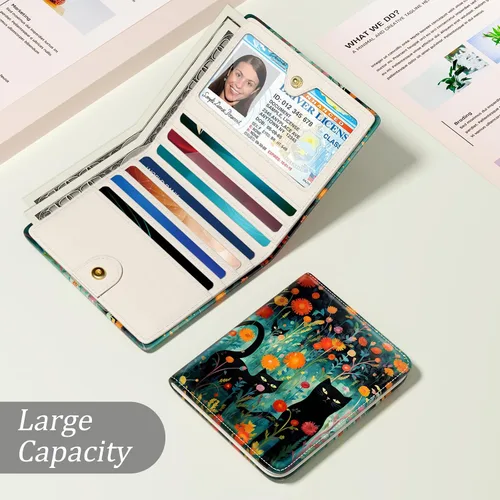 Vista 3 de Billetera de cuero genuino de lujo para mujer con bloqueo RFID, compacta, plegable, con ventana para identificación, Gato negro, Moderno