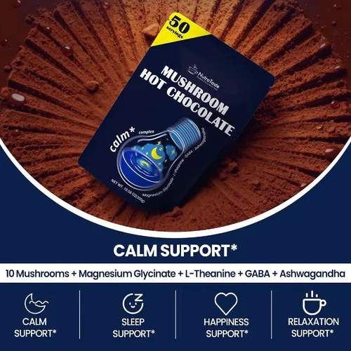 Vista 3 de Chocolate caliente de hongos para la calma, 50 porciones de cacao en polvo 10 suplementos de hongos con glicinato de magnesio, L-teanina