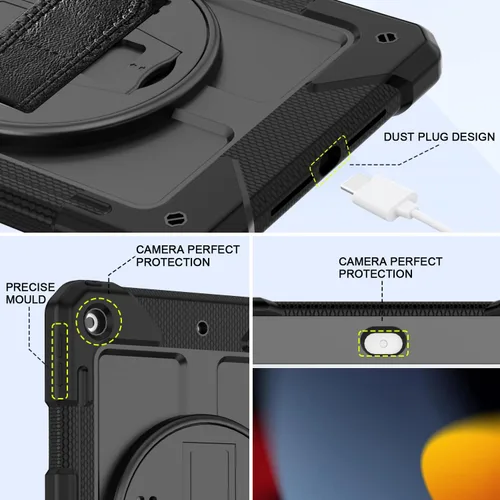 Vista 4 de BMOUO Funda para iPad de 9ª/8ª/7ª generación de 10.2", a prueba de golpes con soporte giratorio de 360°, correa de hombro y mano, funda para iPad