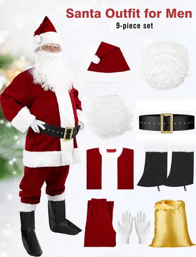 Vista 4 de BIBOSS Disfraz de Papá Noel para hombres, traje completo de Santa Claus para adultos, disfraz de Papá Noel para hombres, traje de Santa 9 piezas