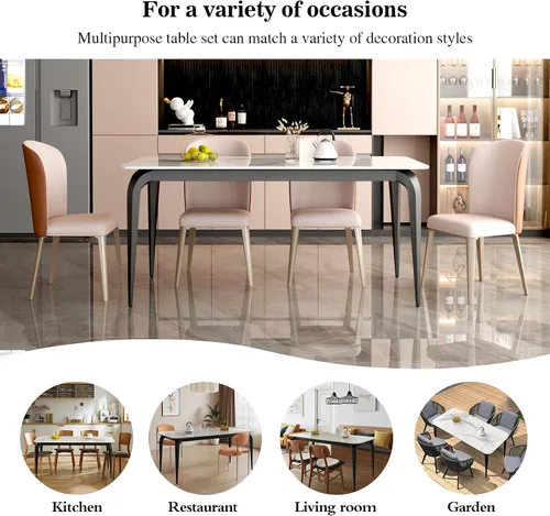 Vista 6 de Mesa de comedor, mesa de cocina de piedra sinterizada, mesa rectangular moderna de pizarra de 59 pulgadas con patas de metal, mesa de comedor