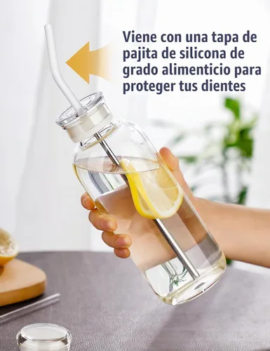 Vista 6 de NiHome - Botella de agua de vidrio de 25 onzas / 25.4 fl oz con pajitas de metal, 2 tapas, transparente High Borosilicate Glass Water Bottle with