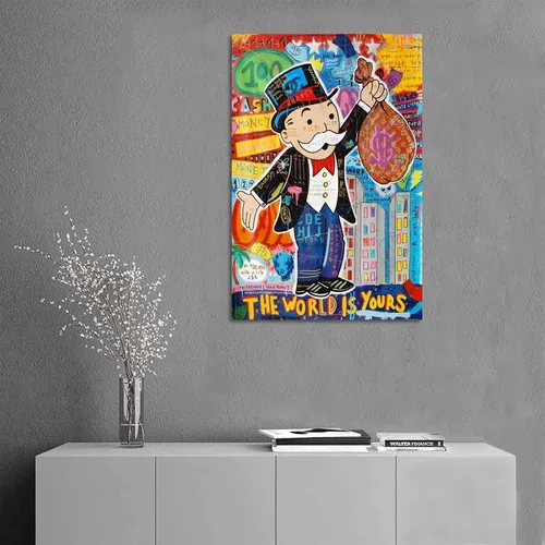 Vista 5 de Monopolys Graffiti Money The World Is Yours - Póster de arte en lienzo y arte de pared, póster moderno para decoración de dormitorio familiar, 16 x
