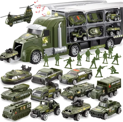 Vista 11 de JOYIN Juego de camiones de construcción 25 en 1 con 12 vehículos y 12 figuras de trabajadores, camiones de juguete Push and Go con sonido y luz