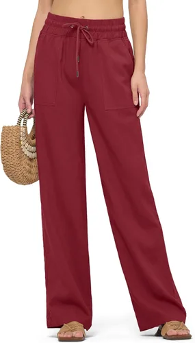 Vista 28 de Willit Pantalones de lino para mujer, pantalones palazzo de pierna ancha Khaki - Actualización