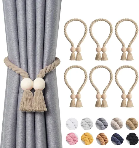 Vista 63 de NICEEC 2 Pack de Alzapaños Magnéticos de Madera en Forma de Cubo Boho para Decoración del Hogar, Alzapaños de Lino Tejidos a Mano para Cortinas Beige