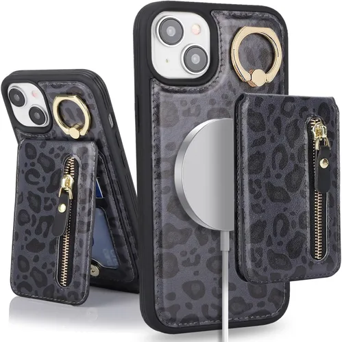 Vista 15 de para iPhone 14 Funda con soporte magnético Magsafe compatible, llavero de cuero PU plegable con soporte desmontable, funda tipo cartera 2-en-1
