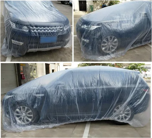 Vista 3 de Paquete de 2 fundas desechables de plástico transparente para automóvil, cubierta universal de lluvia y polvo para garaje con banda elástica, grande