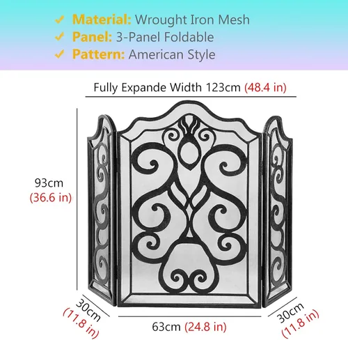 Vista 3 de Protector de pantalla para chimenea extra alto de 36.6 in, puerta de hierro forjado resistente para combustión de leña/carbón, 3 paneles