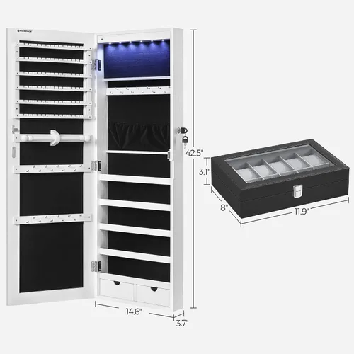Vista 5 de SONGMICS Armario colgante para joyas y caja de reloj de 12 ranuras, armario montado en la pared con luces interiores LED, organizador de caja
