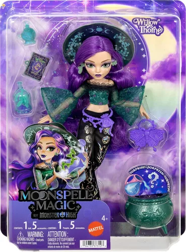 Vista 6 de Monster High Muñeca Moonspell Magic Willow Thorne The Nature Witch con audífono, sorpresa de caldero y accesorios como tarro de hierbas