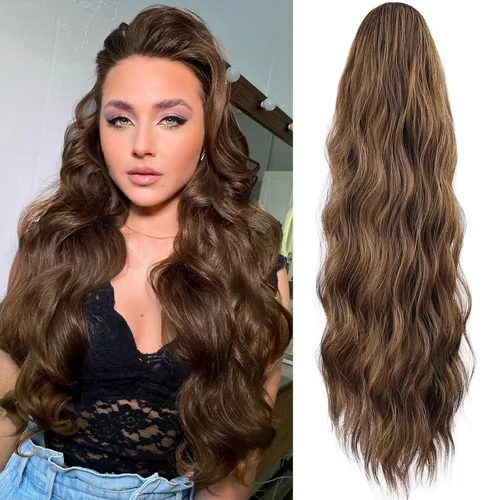 Vista 8 de FREEMEIGE Extensión de Cola de Caballo de 22 Pulgadas Negro Mezclado con Burdeos Larga Ondulada con Cordón Extensión de Cola de Caballo para Mujeres