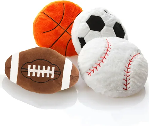 Vista 2 de 4 piezas de almohadas de felpa con diseño de pelotas de deportes, almohada de béisbol esponjosa, almohada de baloncesto de felpa, almohada de fútbol