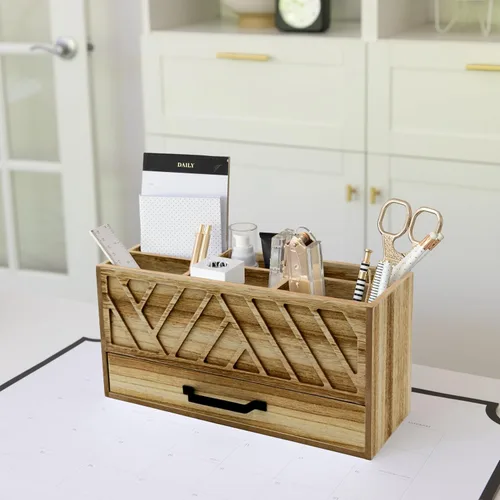 Vista 4 de BLU MONACO Organizador de bolígrafos de escritorio de madera natural con cajón Soporte de madera para bolígrafos y organizador de papelería con 6