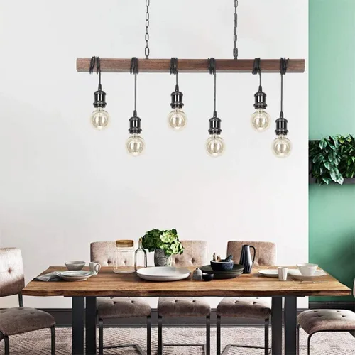 Vista 4 de Eoyemin Lámpara colgante de madera rústica con 6 luces de estilo rústico y retro, línea de suspensión industrial, se puede ajustar libremente