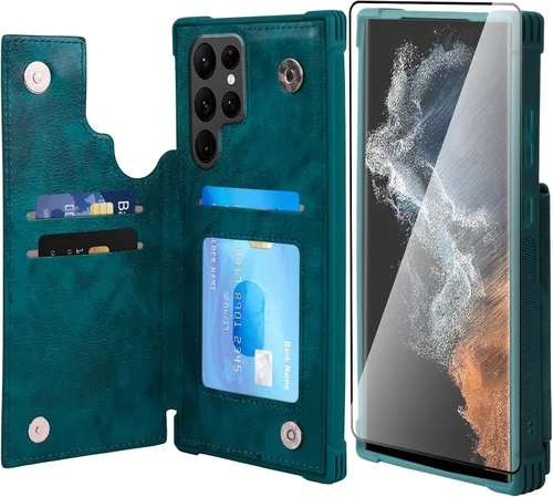 Vista 9 de VANAVAGY Funda tipo cartera compatible con Galaxy S22 con soporte para tarjetas de bloqueo RFID, piel sintética, cierre magnético, función atril