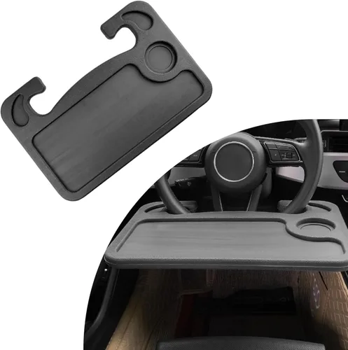 Vista 8 de Dickno Escritorio para volante de automóvil, bandeja multiusos para volante con soporte para bebidas, bandeja de comida para volante para comer Beige