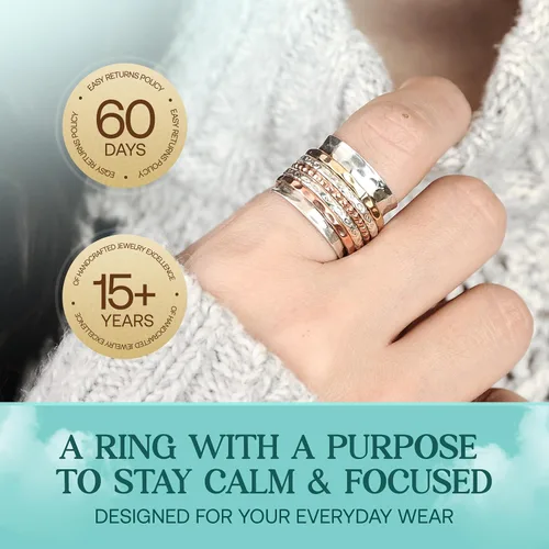 Vista 7 de Boho-Magic Anillo giratorio de plata de ley 925 para mujer con bandas de cobre y latón, anillo de plata hecho a mano para uso diario, comodidad