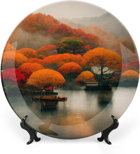 Vista 10 de Platos decorativos de pintura de paisaje de árboles de montaña otoñal, platos decorativos para decoración del hogar, platos de cena de temporada
