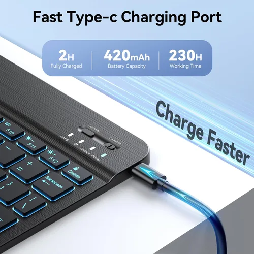 Vista 5 de TECKNET Funda para iPad A16 de 11ª/10ª generación con teclado, retroiluminación de 7 colores, funda de teclado Bluetooth inalámbrica desmontable