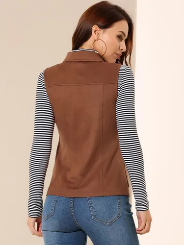Vista 5 de Allegra K Chaleco de gamuza sintética para mujer chaqueta sin mangas con botones y bolsillo tipo cargo M