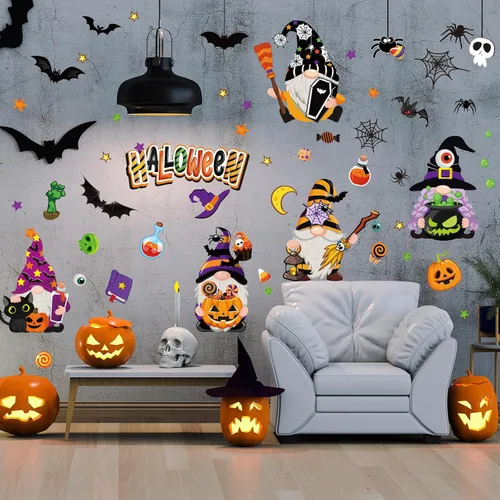 Vista 6 de Whaline Decoración de pared de gnomo de Halloween, gnomo, murciélago, araña, calabaza, calcomanías de pared, lindas calcomanías de arte extraíbles