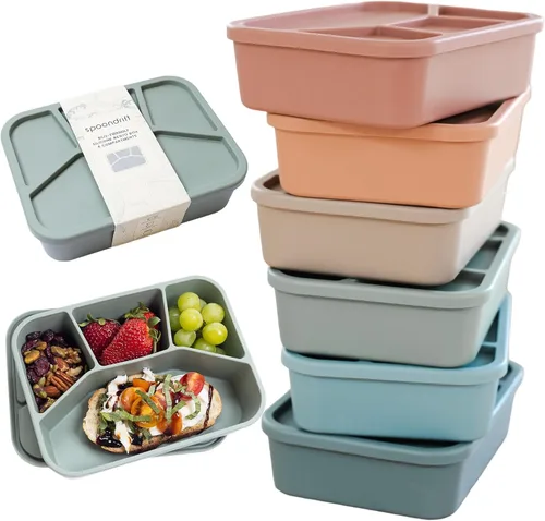 Vista 11 de Spoondrift Lonchera Bento de silicona 100% ecológica de grado alimenticio, a prueba de fugas, para niños y adultos, 4 compartimentos, elige entre 6