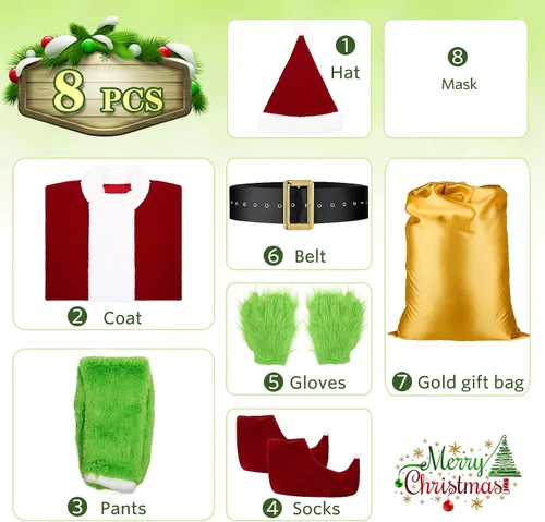 Vista 3 de Christmas Green Monster Costume Adult Deluxe Furry Santa Costumes Halloween Cosplay Outfit for Men