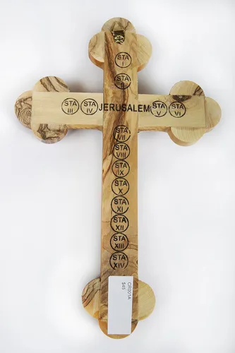Vista 3 de Crucifijo de madera de olivo adornado con hojas de olivo, incienso, flores y piedras de Jerusalén hecha a mano por artesanos en Belén