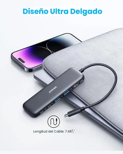 Vista 7 de Anker Hub USB C, divisor USBC a HDMI 5 en 1 con pantalla 4K, 1 puerto USB-C de 5 Gbps alimentado y 2 puertos de datos USB-A 3.0 de 5 Gbps