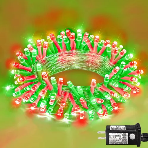 Vista 45 de Guirnalda de 120 luces LED rojas impermeables para exteriores, luces de Navidad rojas de 40 pies, 8 modos, cable transparente, guirnalda de luces