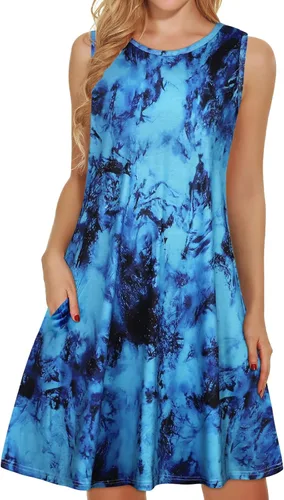 Vista 49 de elescat Vestidos de verano para mujer 2025, vestido casual de playa sin mangas con estampado floral, tipo camiseta, suelto y con bolsillos