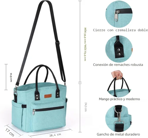 Vista 6 de Lonchera térmica para mujeres y hombres, lonchera para adultos con correa ajustable para el hombro, bolsa de almuerzo grande portátil para oficina