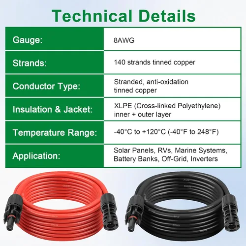 Vista 5 de XRDS -RF Cable de extensión solar 8AWG 3FT paquete de 2 unidades (rojo + negro), cable fotovoltaico con conectores solares macho/hembra, cable