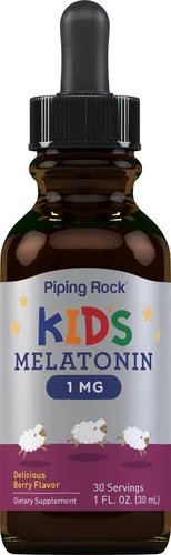 Vista 3 de Piping Rock Melatonina líquida para niños, 1 onza líquida, 1 mg, paquete de 3 botellas, gotas con sabor a bayas, suplemento sin OMG, sin gluten