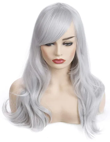Vista 3 de Morvally - Peluca de cabello sintético lacio y ondulado con flequillo 23 pulgadas de largo resistente al calor para Cosplay disfraz de Halloween