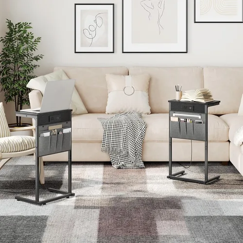 Vista 2 de HOOBRO Mesa auxiliar en forma de C con estación de carga, mesa de sofá de 28 pulgadas de alto para sofá y sillón reclinable para espacios pequeños