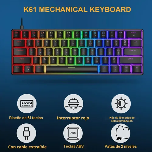 Vista 3 de BlueFinger Combo de teclado y mouse mecánicos para juegos 60% – Teclado RGB con retroiluminación arcoíris de 61 teclas con interruptor rojo y 4 DPI