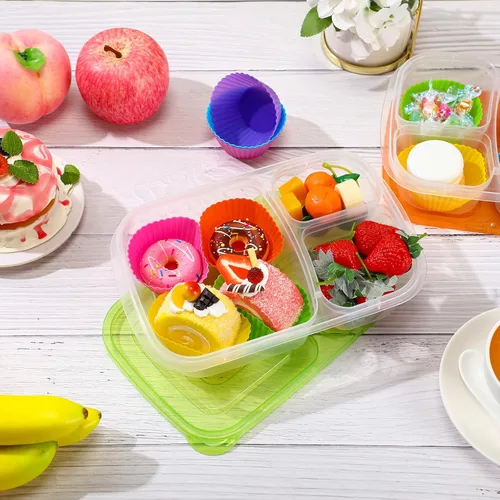 Vista 6 de Tanlade 4 piezas Bento Snack Box con 12 piezas de silicona para cupcakes forros para almuerzo, contenedores reutilizables de 3 compartimentos