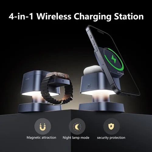 Vista 2 de 【Actualizado 2026】Cargador inalámbrico 4 en 1, estación de carga inalámbrica 3 en 1 con luz nocturna para cargador MagSafe, soporte de viaje Gris
