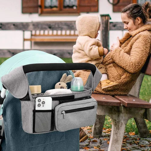 Vista 7 de Organizador universal para cochecito con portavasos aislado, bolsa desmontable para teléfono y correa de transporte, se adapta a Uppababy, Baby claro