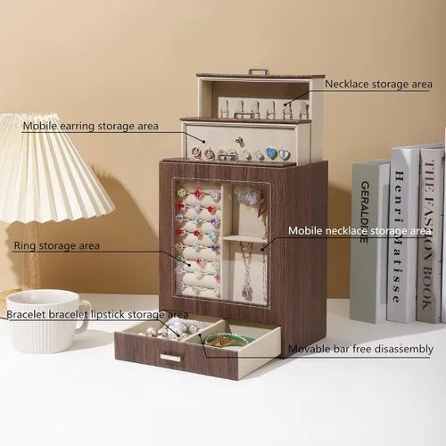 Vista 4 de Tian Ye Zhou Joyero vertical para niña, de piel sintética, con 4 capas, organizador de aretes, collar, anillo, pulsera, joyero, caja de joyería