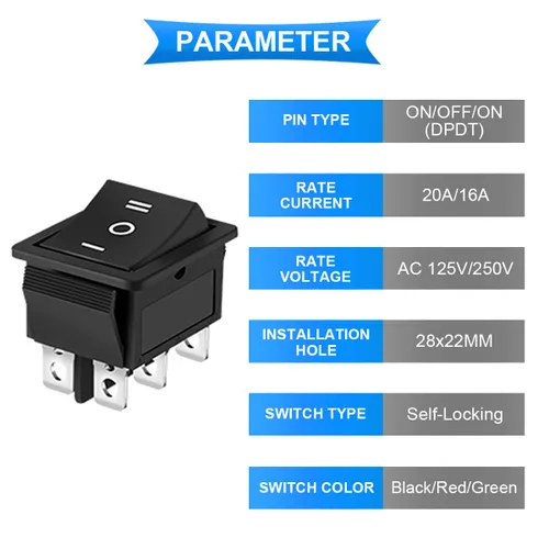 Vista 2 de Interruptor basculante AC 16A/250V 20A/125V DPDT On/Off/On Mini botón de presión de 3 colores (negro/rojo/verde) 6 pines 3 posiciones LED