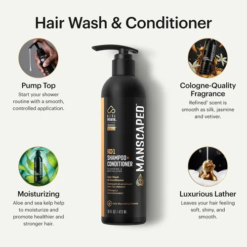 Vista 2 de MANSCAPED® Champú y acondicionador 2 en 1, fórmula UltraPremium infundida con algas marinas, agua de coco, aloe para nutrir e hidratar el cabello